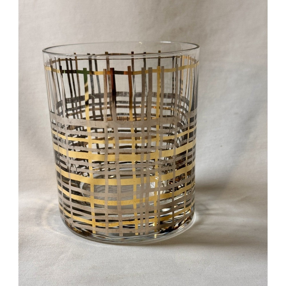 Crate & Barrel Mingle Old Fashioned Low Ball Glass Tumbler Gold Silver Plaid